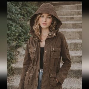 BB Dakota Y2K Brown Hooded Utility Military Hiking Jacket With Hideaway Hood M
